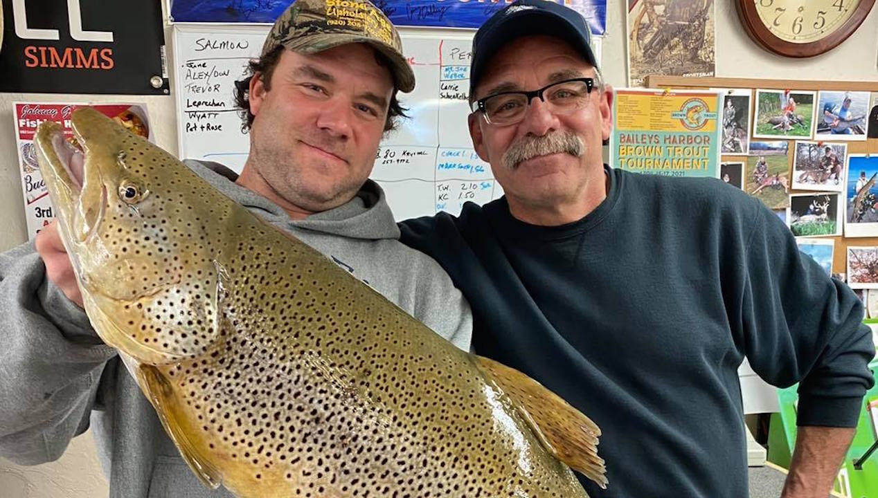 Andrew and Joe Sharpe with a 36.5 inch, 29.05 pound brown trout. Photo courtesy Bailey's Harbor Brown Trout Tournament.