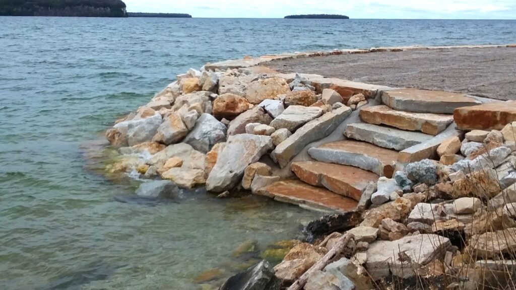 New steps to the water are part of the Ephraim Shoreline Protection Project. Door County Shore Report photo.
