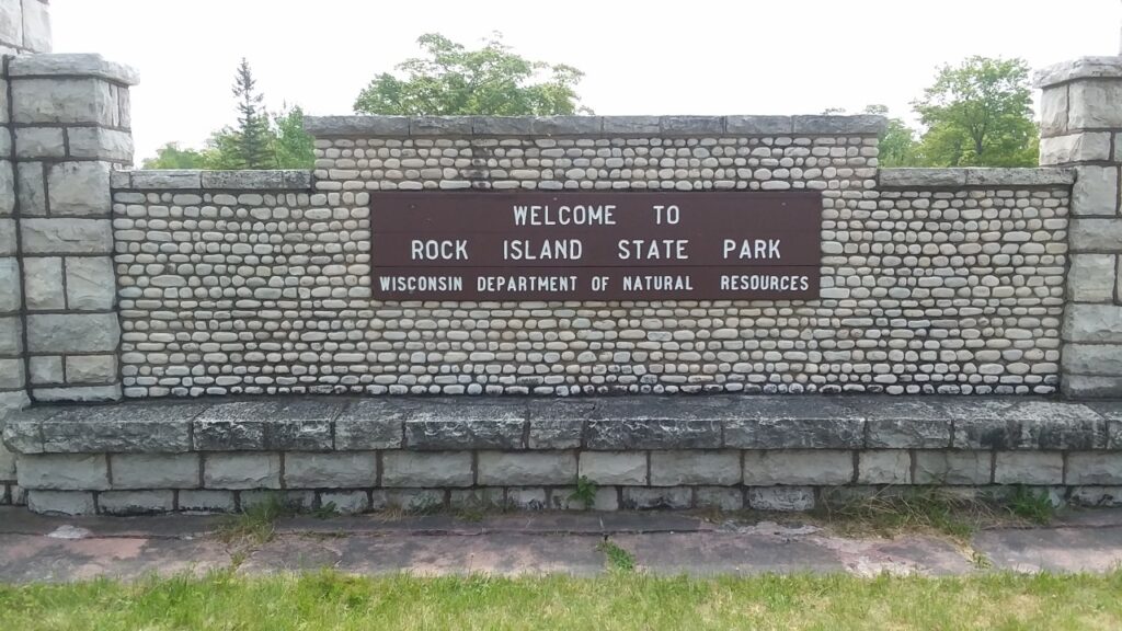 <em>The Rock Island welcome sign. Door County Shore Report photo by Dan Plutchak</em>